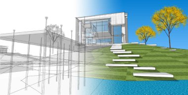 ev mimarisi projesi çizimi 3d illüstrasyon