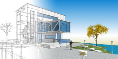 ev mimarisi projesi çizimi 3d illüstrasyon