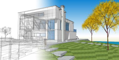 ev mimarisi projesi çizimi 3d illüstrasyon