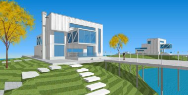 ev mimarisi projesi çizimi 3d illüstrasyon