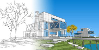 ev mimarisi projesi çizimi 3d illüstrasyon