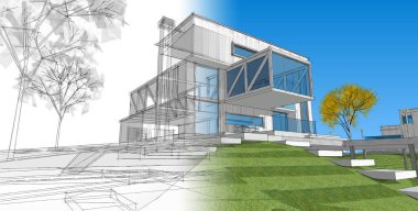 ev mimarisi projesi çizimi 3d illüstrasyon