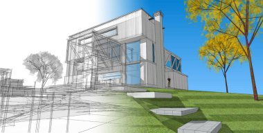 ev mimarisi projesi çizimi 3d illüstrasyon