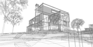 ev mimarisi projesi çizimi 3d illüstrasyon