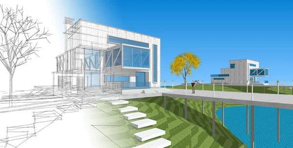 ev mimarisi projesi çizimi 3d illüstrasyon