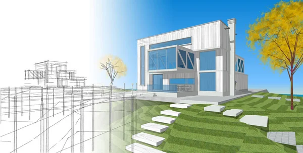 ev mimarisi projesi çizimi 3d illüstrasyon