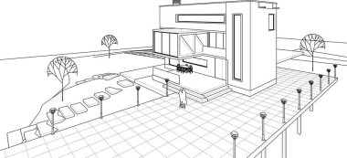 ev mimarisi projesi çizimi 3d illüstrasyon