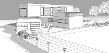 ev mimarisi projesi çizimi 3d illüstrasyon