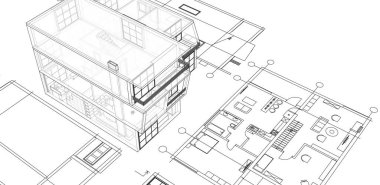ev mimarisi projesi çizimi 3d illüstrasyon