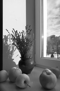 Pencere kenarındaki vazoda elmalar ve lavantalar