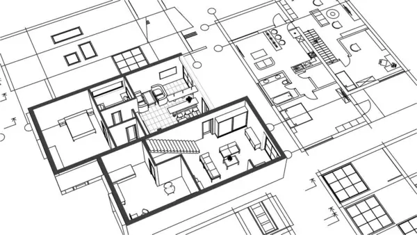 家の建築プロジェクトスケッチ3Dイラスト — ストックベクタ