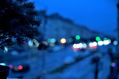 Pencere kenarında noel ağacı ve şehir ışıkları arka planda bulanık