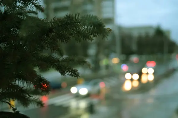 Pencere Kenarında Noel Ağacı Şehir Işıkları Arka Planda Bulanık — Stok fotoğraf