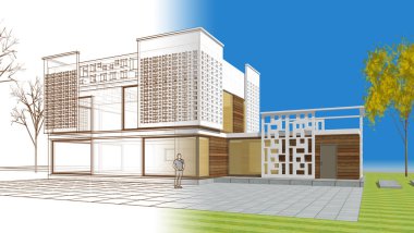 ev mimarisi projesi çizimi 3d illüstrasyon