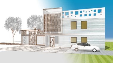 ev mimarisi projesi çizimi 3d illüstrasyon