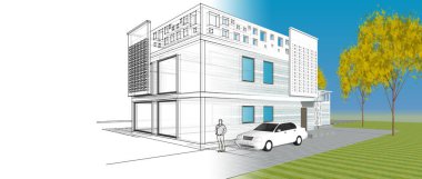 ev mimarisi projesi çizimi 3d illüstrasyon