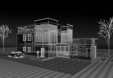 ev mimarisi projesi çizimi 3d illüstrasyon