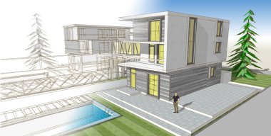 Modern şehir evi çizimi 3D illüstrasyon