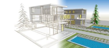 Modern şehir evi çizimi 3D illüstrasyon