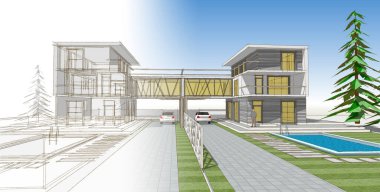 Modern şehir evi çizimi 3D illüstrasyon