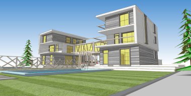 Modern şehir evi çizimi 3D illüstrasyon