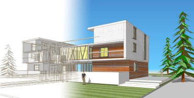 Modern şehir evi çizimi 3D illüstrasyon