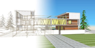 Modern şehir evi çizimi 3D illüstrasyon