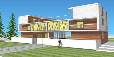 Modern şehir evi çizimi 3D illüstrasyon