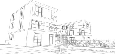 Modern şehir evi çizimi 3D illüstrasyon