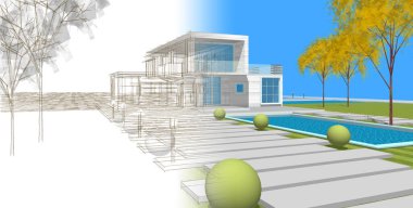 Modern ev çizimi 3d illüstrasyon