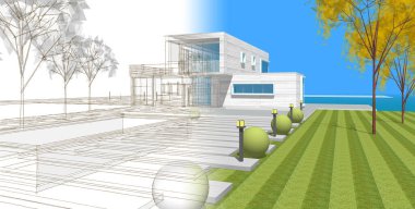 Modern ev çizimi 3d illüstrasyon