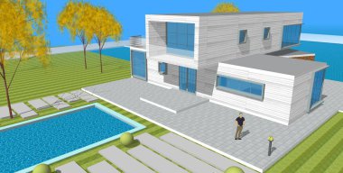 Modern ev çizimi 3d illüstrasyon