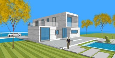 Modern ev çizimi 3d illüstrasyon