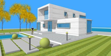 Modern ev çizimi 3d illüstrasyon