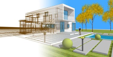 Modern ev çizimi 3d illüstrasyon