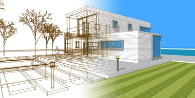 Modern ev çizimi 3d illüstrasyon