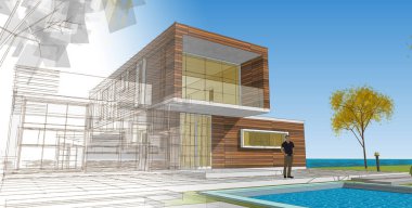 Modern ev çizimi 3d illüstrasyon