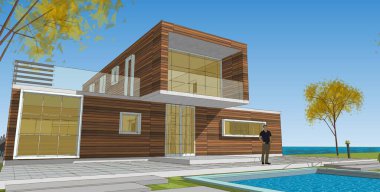 Modern ev çizimi 3d illüstrasyon