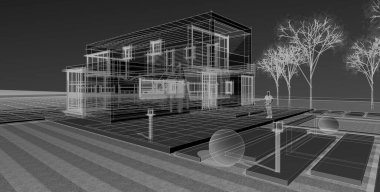 Modern ev çizimi 3d illüstrasyon