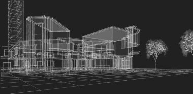 şehir modern mimarisi çizimi 3d illüstrasyon