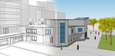 şehir modern mimarisi çizimi 3d illüstrasyon