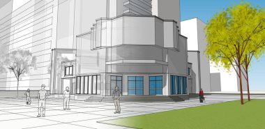 şehir modern mimarisi çizimi 3d illüstrasyon