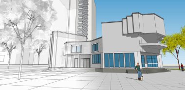 şehir modern mimarisi çizimi 3d illüstrasyon