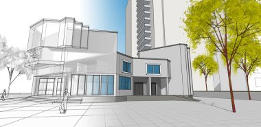 şehir modern mimarisi çizimi 3d illüstrasyon