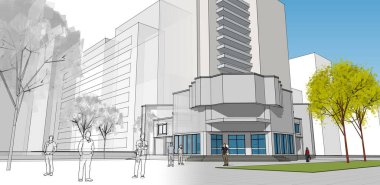 şehir modern mimarisi çizimi 3d illüstrasyon