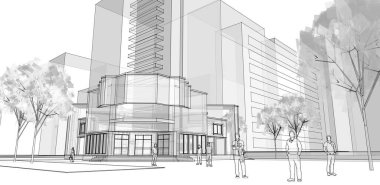 şehir modern mimarisi çizimi 3d illüstrasyon