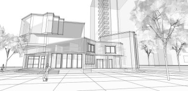 şehir modern mimarisi çizimi 3d illüstrasyon