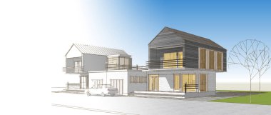 Kasaba evleri konsept 3D illüstrasyon