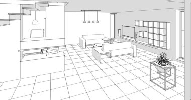 ev mimarisi projesi çizimi 3d illüstrasyon