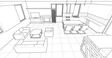 ev mimarisi projesi çizimi 3d illüstrasyon